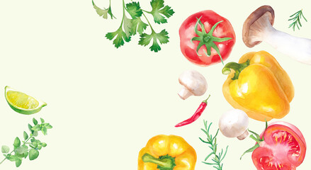 新鮮な夏野菜とハーブの水彩イラスト。ヘルシーイメージバナー。コピースペース。