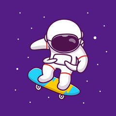 Cute Astronaut Playing Skateboard In Space Cartoon Vector Icon Illustration. People Science Space Icon Concept Isolated Premium Vector. Flat Cartoon Style
