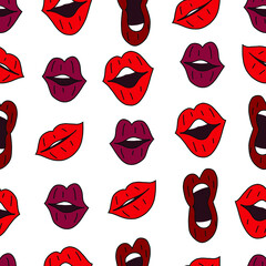 Lips cartoon seamless pattern. Valentine's day kiss background. Emotion mouth. Lips, mouth, teeth in vector hand drawn style.