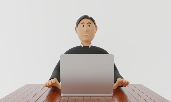 smiling man with laptop on wooden table,cartoon businessman character chatting on the computer.3d rendering.
