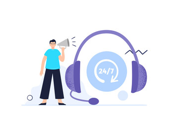 A man from a call center answers call and helps clients. Customer support department staff, telemarketing agents. Online technical support 24 7 concept. Vector flat illustration.
