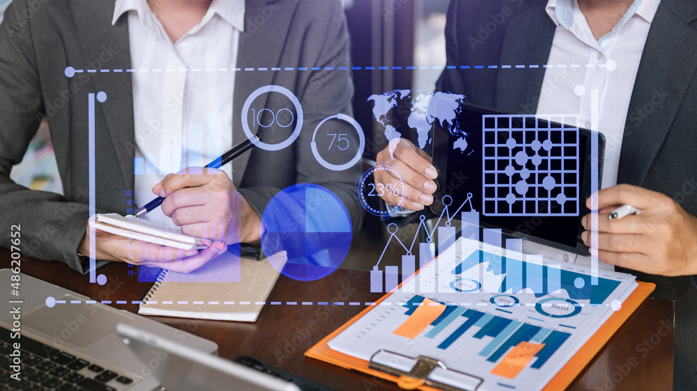 Poster data management system with business analytics concept. business team hands working with provide inf