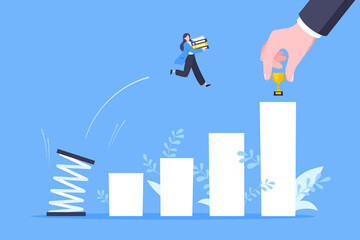 Obraz premium Business mentor helps to improve career with springboard vector illustration. Business person jumps above career ladder graph. Success growth, motivation opportunity, boost career concept.