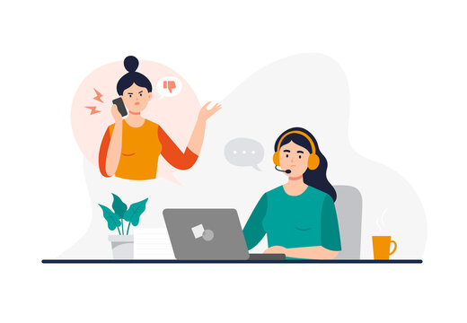 A woman from a call center can not dealing with a customer problem. Online technical support 24 7. Customer support department staff, telemarketing agents. Vector flat illustration.