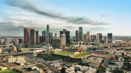 Naklejka na ściany i meble Los Angels city center. Los angeles aerial view, with drone. Los Angeles downtown skyline.