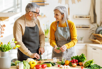 Happy elderly couple prepare vegetarian dinner together, chopping fresh colorful vegetables