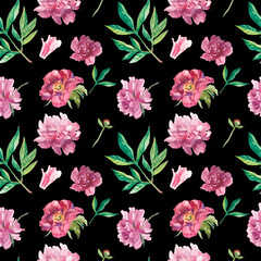 Watercolor seamless pattern with pink peonies on black background. Spring, botanical, floral hand painted print.Designs for scrapbooking, packaging, wrapping paper, social media, textiles, fabric.