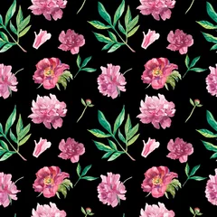 Foto op Aluminium Watercolor seamless pattern with pink peonies on black background. Spring, botanical, floral hand painted print.Designs for scrapbooking, packaging, wrapping paper, social media, textiles, fabric. © Мария Минина