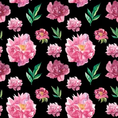 Deurstickers Watercolor seamless pattern with pink peonies on black background. Spring, botanical, floral hand painted print.Designs for scrapbooking, packaging, wrapping paper, social media, textiles, fabric. © Мария Минина