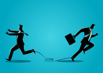 Two businessmen chained to each other and running in opposite directions
