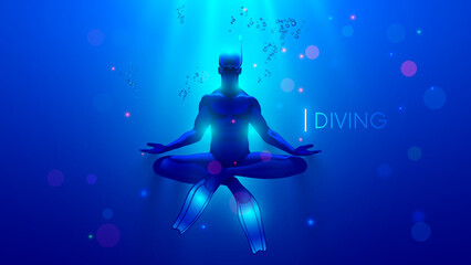 Free diver relaxation or meditation underwater in sea. Free diving in ocean. Man in flippers snorkeling undersea. Sun rays underwater illuminate сalm free diver in lotus position in zen harmony subsea © AndSus