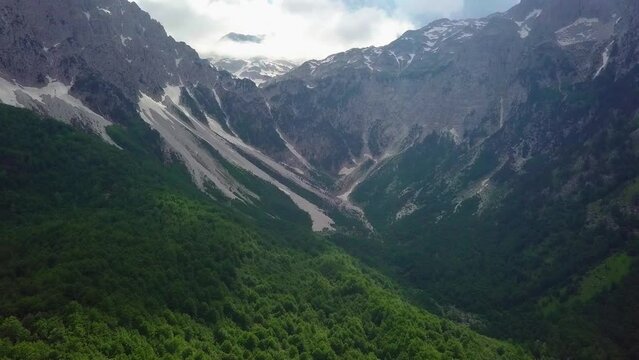 Stunning mountains and valleys in Valbona Kukes, Albania, Eastern Europe. Aerial flyover
