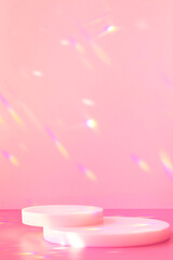 Abstract minimal scene - empty stage, cylinder podiums on soft pink background with rainbow crystal...