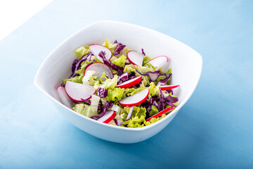 Closeup view of a bowl of green salad over blue backdrop