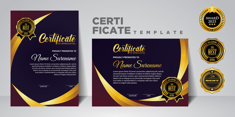 Set modern gradient color certificate template design. Certificate of Achievement with a gold badge