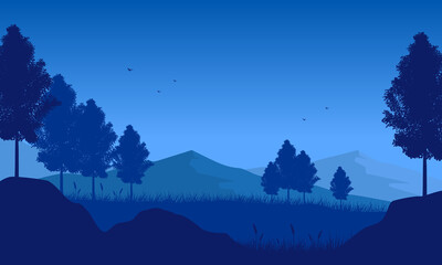 Amazing view of mountains at night in the city with aesthetic silhouettes of fir trees