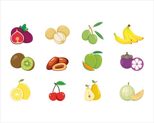Fruits isolated colored set with fruit and berries of various colors and sizes
