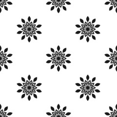 Floral Seamless pattern texture with black ethnic flowers. Geometric blooms. ornament for printing on fabric, paper or wrapping