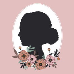 Silhouette of a girl. Vintage image. Frame with flowers and silhouette. For March 8, Mother's Day.
