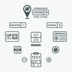 Covid-19 icons set. Medical blood test covid 19. qr code about the disease. Human health certificate. Covid free zone. Positive blood test. Negative test result. Vaccination record.