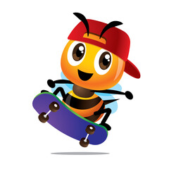 Cartoon cute bee skateboarding for extreme sport. Bee skateboarder wearing baseball cap enjoy street sport. Character illustration