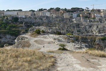 panorama on Matera and on the canyon carved by the Gravina River from Murgia Materana Park viewpoint