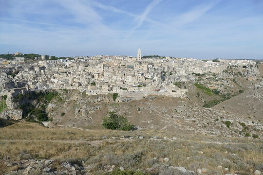 panorama on Matera and on the canyon carved by the Gravina River in Murgia Materana Park from Murgia Timone viewpoint 