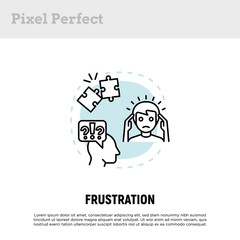 Frustration, emotional burnout concept with thin line icons, neurosis, exhausted, headache. Depression, professional crisis, low activity. Vector illustration.