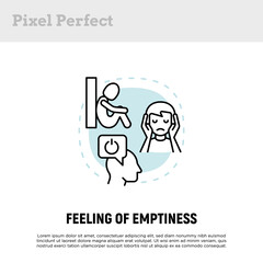 Feeling of emptiness concept with thin line icons, working fatigue, loneliness, tired man, low battery. Depression symptoms. Vector illustration.