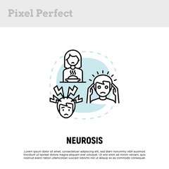 Neurosis concept with thin line icons, panic attack, loss of appetite, anxiety. Mental illness. Vector illustration.