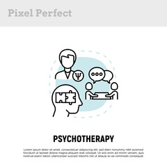 Psychotherapy concept with thin line icons, psychoanalysis with professional, support and solution mental problems, connect puzzle in head. Vector illustration.