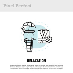 Relaxation concept with thin line icons, spa treatment, beach vacation, smoothie shake, bathrobe. Vacation in tropic climate. Vector illustration.