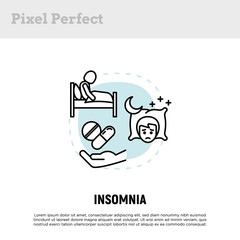 Insomnia concept with thin line icon, sleeplessness, man sitting in bed, anxiety, low melatonin, hand with pills.  Sleep disorder. Vector illustration.