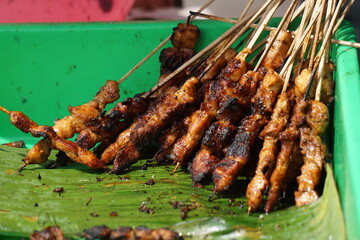 Sate (indonesian skewer) with a natural background. Sate is one of traditional Indonesian food which served with peanut sauce