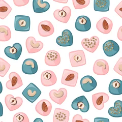 Fototapeten Vector seamless pattern. Coral and emerald chocolate candies decorated with nuts isolated on white background.  © Karina Khoss