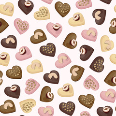 Vector seamless pattern with heart shaped pink, white, milk and dark chocolate candies decorated with cashews, hazelnuts and peanuts.