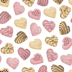 Vector seamless pattern with white and pink heart shaped chocolates decorated with confectionery cream.