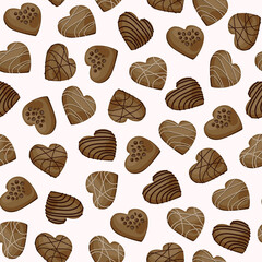 Vector seamless pattern with heart shaped milk chocolate candies isolated on white background.