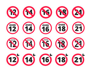 Adults content only age restriction 12, 14, 16, 18, 21 plus years old icon signs set flat style design vector illustration. Sensitive content age plus and adults only concept symbols.