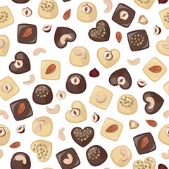 Vector seamless pattern. White and black chocolate candies with nuts.