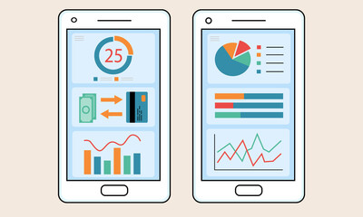 Vector image of smartphone screens with various data, statistics on the smartphone screen in flat style