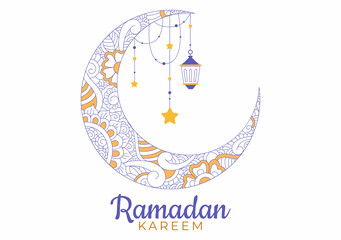 Ramadan Kareem with Mosque, Lanterns and Moon in Flat Background Vector Illustration for Religious Holiday Islamic Eid Fitr or Adha Festival Banner or Poster