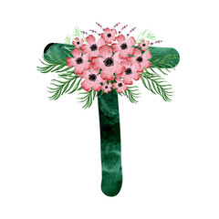 Alphabet with green watercolor fill and bouquets of flowers, peonies,poppies, roses, orchids.Suitable for greeting cards,invitations,design works,crafts and hobbies.