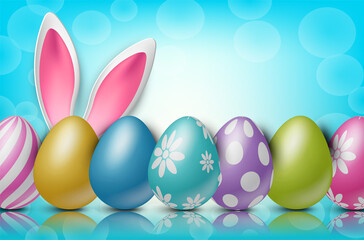 Easter background with painted 3d realistic egg and bunny ears behind on blue backdrop with bokeh. Vector illustration.