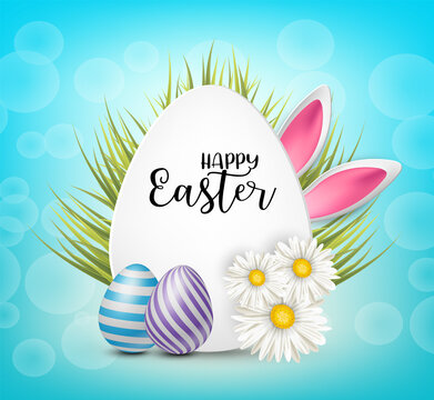 Happy Easter greeting card with realistic 3d aggs, flowers, grass, and bunny ears on blue background. Vector illustration.