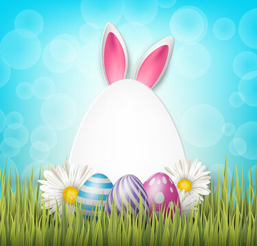 Easter greeting card with realistic 3d aggs, flowers, grass, and bunny ears on blue background. Vector illustration.