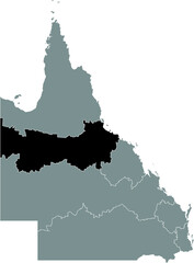 Black flat blank highlighted location map of the NORTH REGION inside gray administrative map of regions of the Australian state of Queensland, Australia