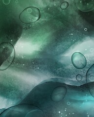 Obraz na płótnie Canvas Abstract green blue liquid fluid art alcohol inks splash watercolor background with bubbles 
