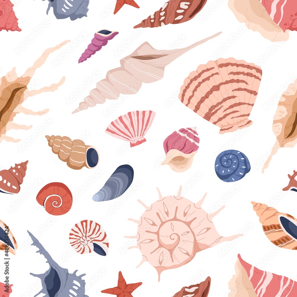 Poster Seamless sea pattern with shells. Endless marine background with seashells, mollusks, repeating print. Underwater backdrop design. Colored flat vector illustration for decoration, wrapping, fabric