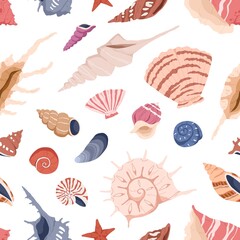 Seamless sea pattern with shells. Endless marine background with seashells, mollusks, repeating print. Underwater backdrop design. Colored flat vector illustration for decoration, wrapping, fabric